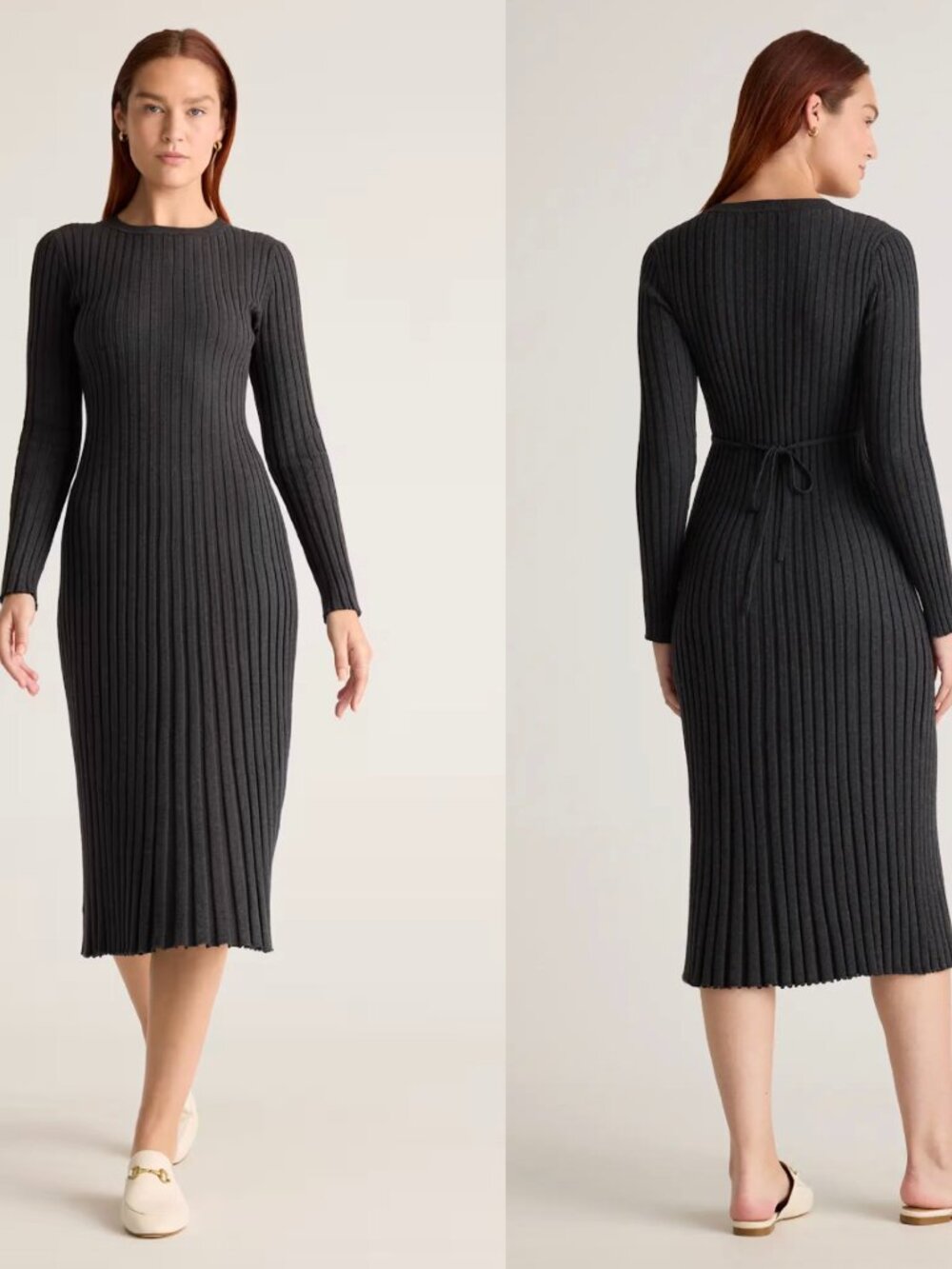 Quince Gray Cotton Cashmere Ribbed Long Sleeve Crew Midi Dress